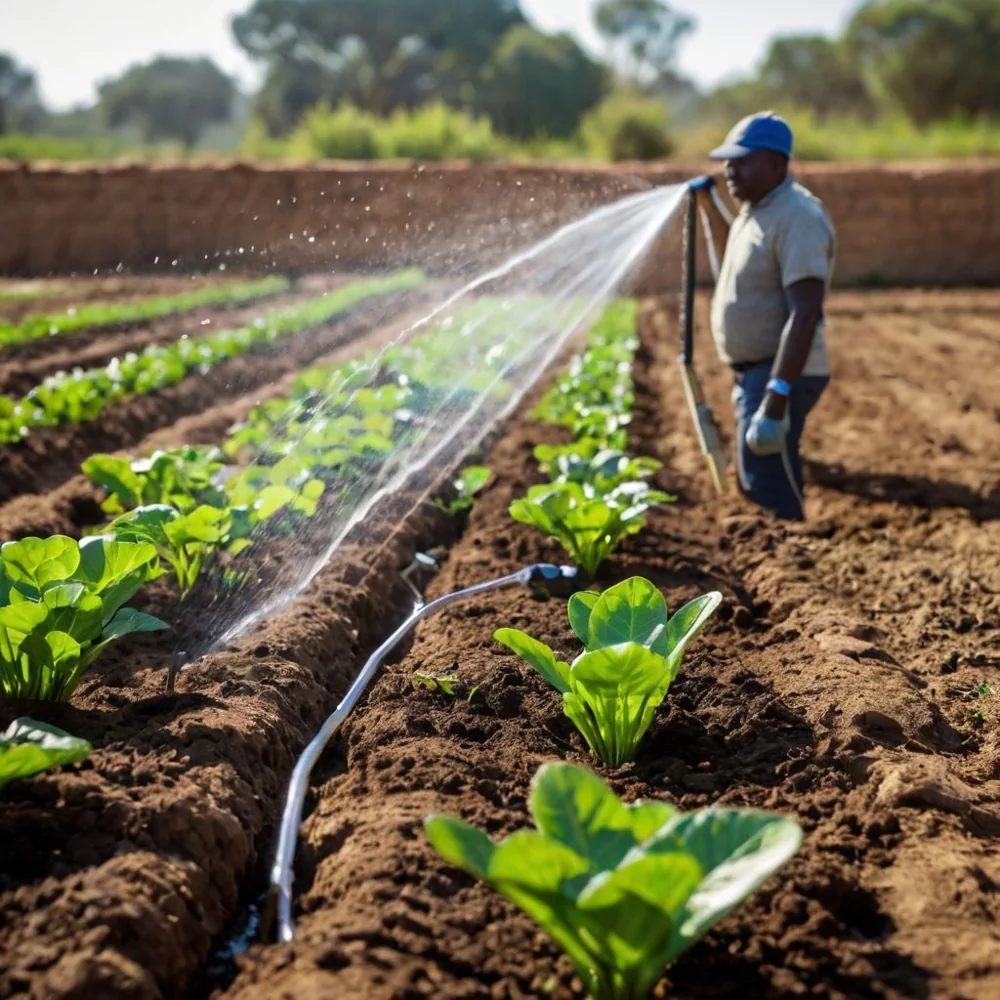 Farmer tending vegetable rows in the field