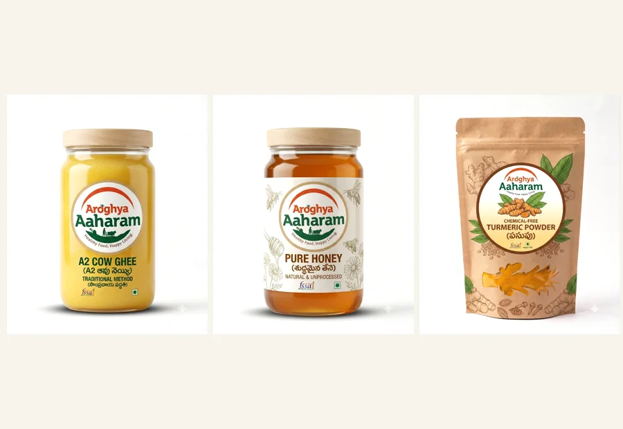 Arogya Aaharam A2 cow ghee, pure honey and fresh rice packs